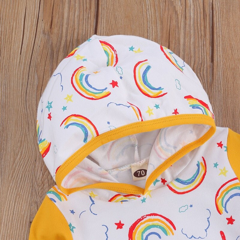 3-24M Cute Newborn Baby Boy Girl Long Sleeve Rainbow Print Hooded Romper Jumpsuit Outfits Baby Clothes