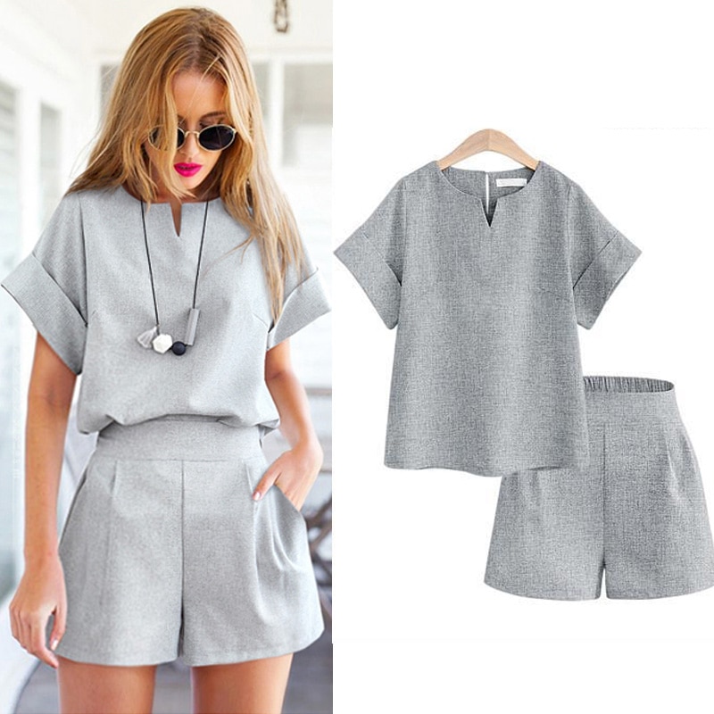 Women Summer Style Casual Cotton Linen Top Shirt Feminine Pure Color Female Office Suit Set Women's Costumes Short Sets