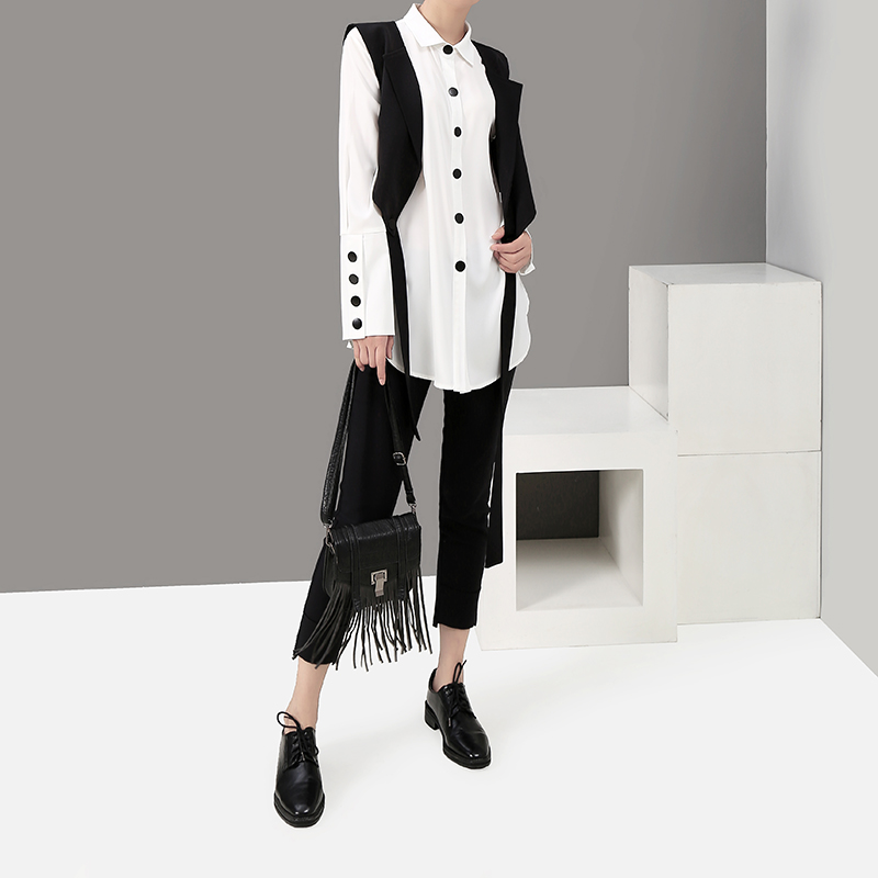 Langærmet ensfarvet hvid todelt sæt bluse skjorte og vest koreanske bluser feminin skjorte chemise femme 5412