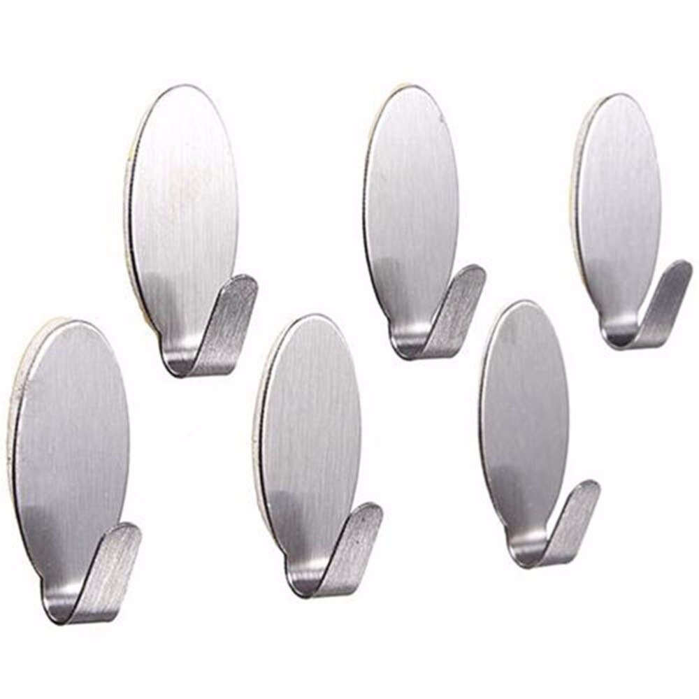6PCS Stick On Silver Hook Strong Self Adhesive Sticky Coat Hat Metal Hanger Home Bathroom Kitchen Stainless Steel Holder: Default Title