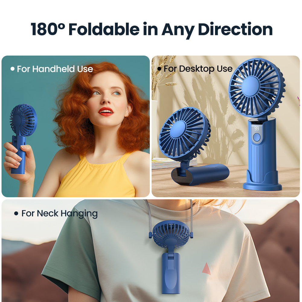 TOPK 5000 mAh tragbarer Mini-Ventilator, wiederaufladbarer USB-Handventilator, kleiner Taschenventilator, 3 Geschwindigkeiten mit Trageband und Basis, faltbarer USB-Schreibtischventilator