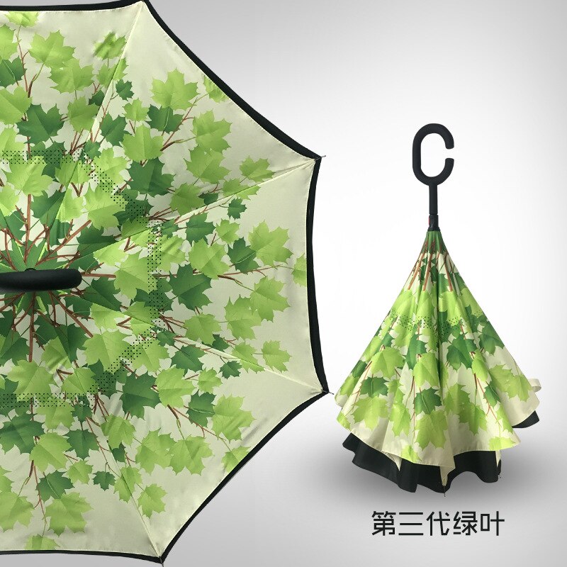 Paraguas de golf para mujer, sombrilla invertida de doble capa, plegable, con vástago largo, a prueba de viento, con gancho en C,