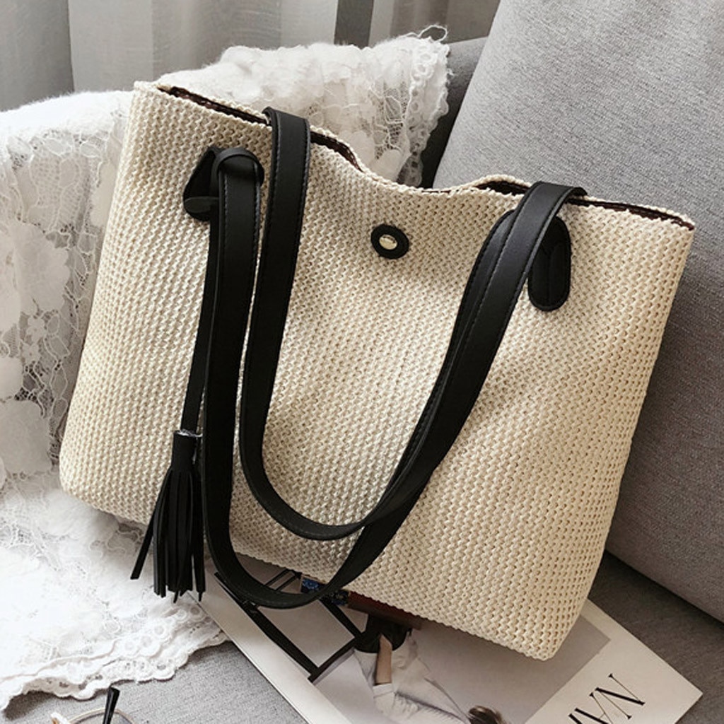 Women's Knitted Straw Bag Tassel Summer Bohemia Women Handbags Stripes Shoulder Bags Beach Bag Big Tote Bags(Brown): Default Title