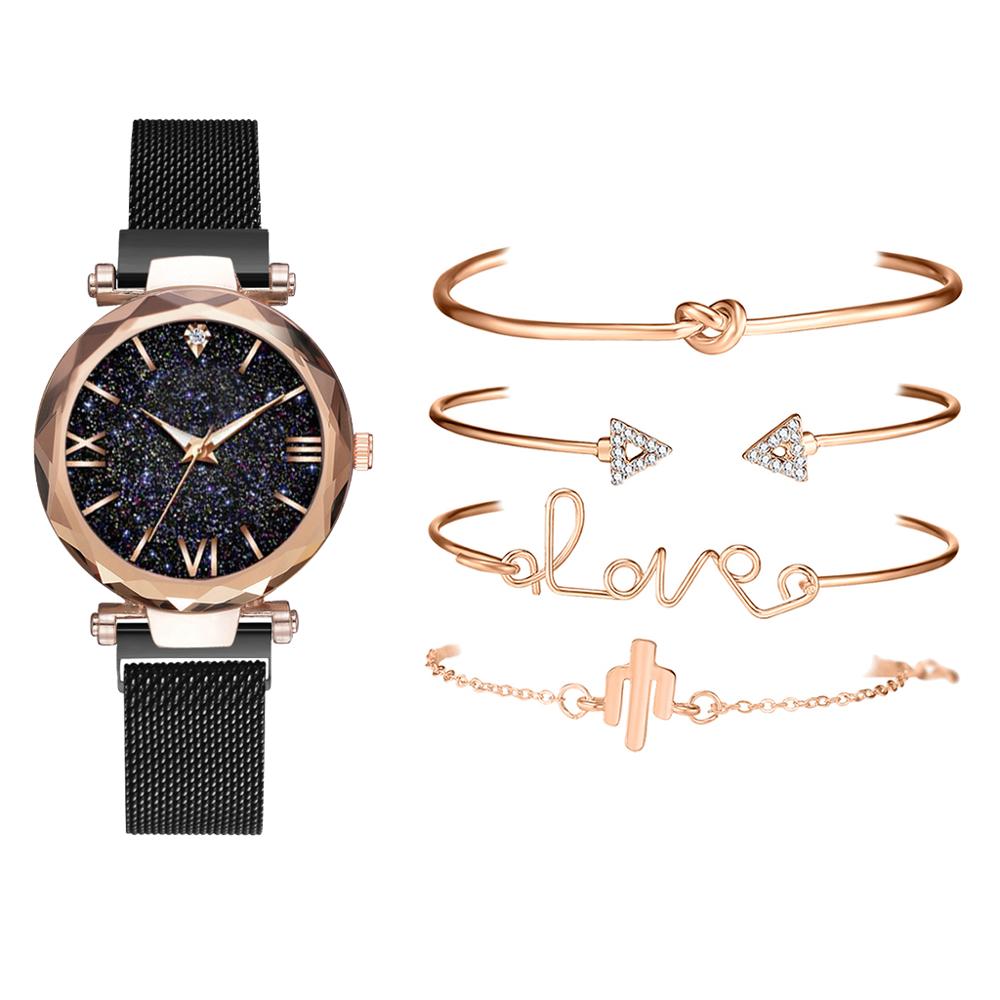Luksusmærke rose guld stjernehimmel ur kvinder kvinders krystalarmbånd kvarts armbåndsur 5 stk sæt relogio feminino: Sort