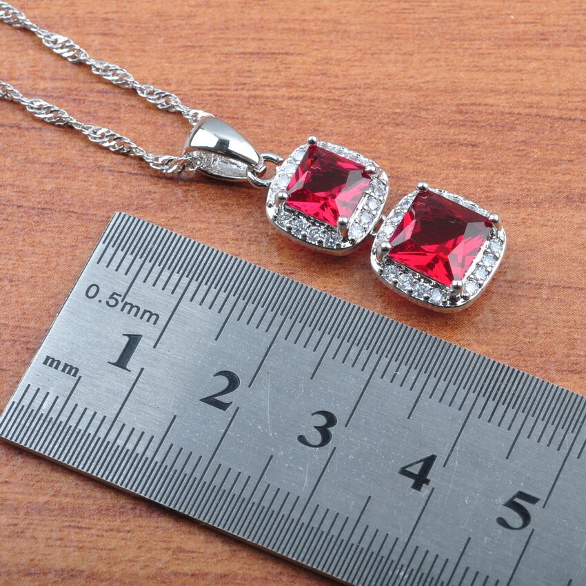 Klassieke Vierkante Rose Rode Zirconia Sieraden Sets Vrouwen Oorbellen Ketting Hanger Ring Armbanden JS0423