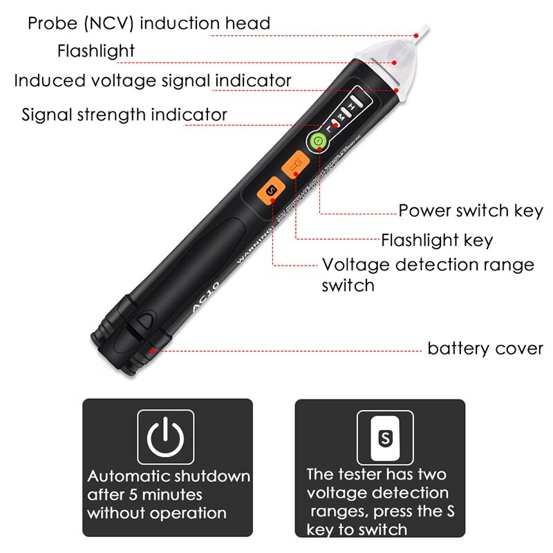 Non Contact Voltage Tester AC Electricity Detect Pen with Adjustable Sensitivity LCD Display LED Flashlight Buzzer Alarm