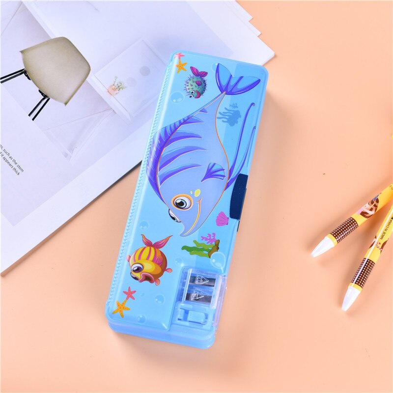 Plastic double-deck pencil box for pupils multi-purpose pencil box pencil bag with pencil sharpener on both sides: Sky Blue