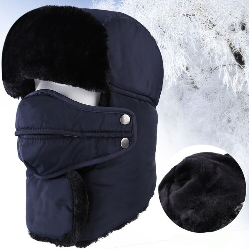 HT2097, gorro ruso para hombre y mujer, gorro de invierno cálido con orejeras, gorro de invierno para esquiar, gorro de piel con máscara Ushanka, gorro de Bombardero: Navy Blue