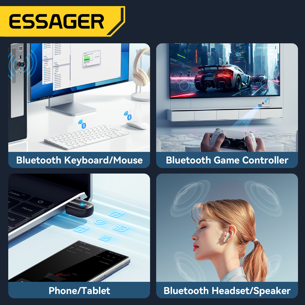 Essager USB Bluetooth 5.3 Adapter Aux Audio Odbiornik Nadajnik Do PC Głośnik Laptop Soundbox Bezprzewodowa mysz Nadajnik USB