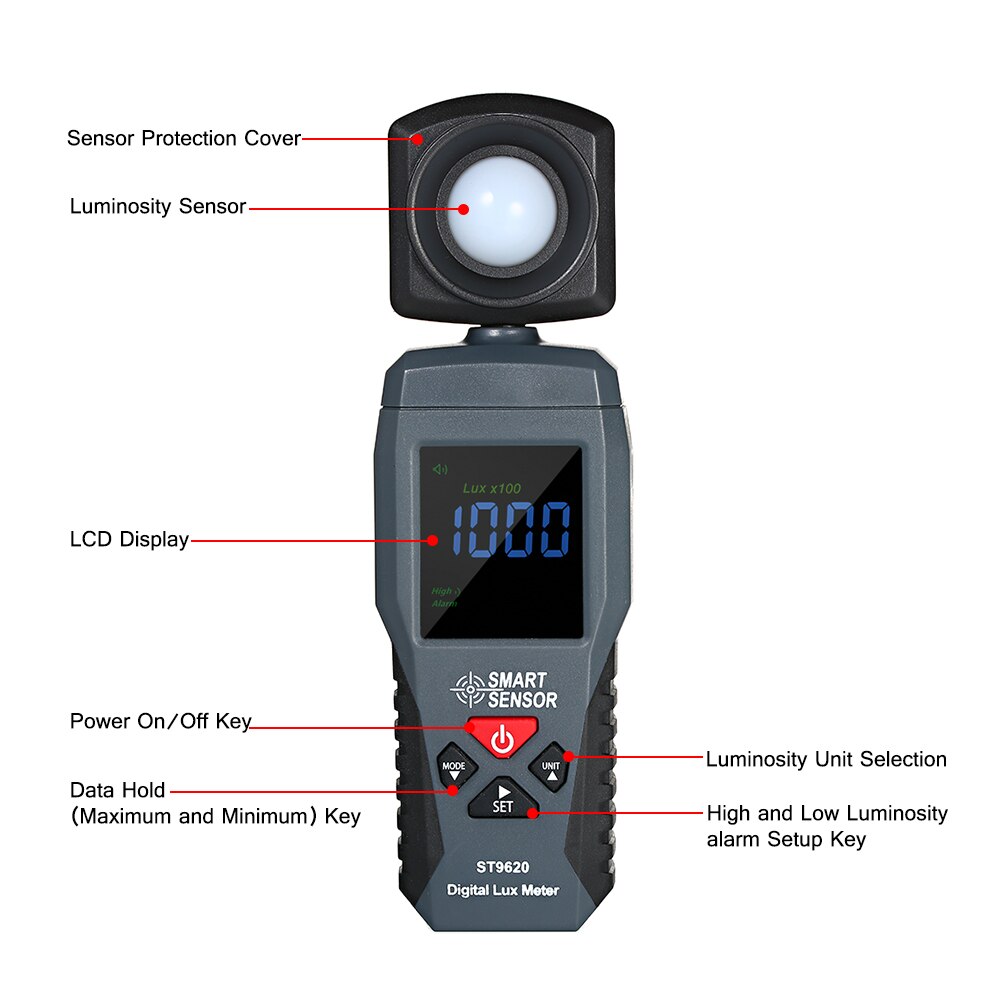 Luxmètre numérique à écran LCD, illuminomètre portable, luminomètre, photomètre, luxmètre, 1-200000 Lux ST9620, capteur intelligent