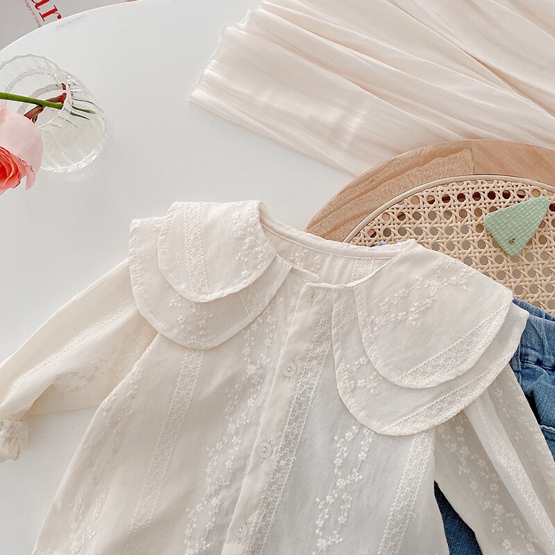 Chemise en coton à manches longues pour fille, chemisier blanc brodé à gros revers, Blouse à volants, chemisier ajouré à fleurs pour enfants