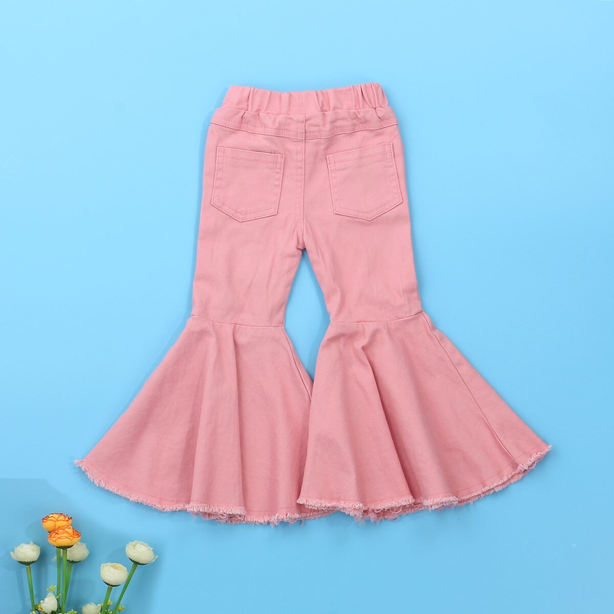 Icute flickor byxor stil jeans utsvängda byxor barn små barn baby barn jeansbotten stövel skurna hål rosa byxor