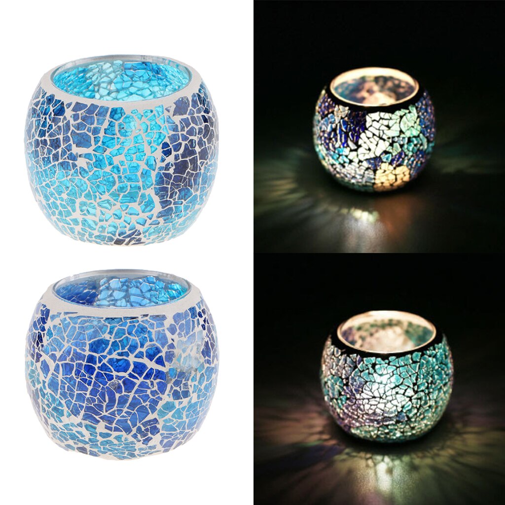 2Pcs Vinatge Mozaïek Glas Votive Kaarsen Theelichtjes Houder Blauw Kandelaar Kaars Kom Cups Set