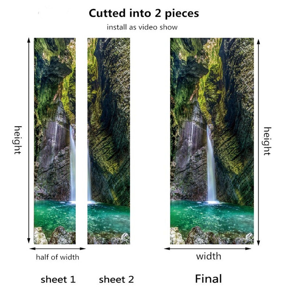 3D Nature paysage cascades portes autocollant mural salon cuisine PVC auto-adhésif étanche autocollant sur la porte papier peint: 002-cutted into 2pcs / 77x200 cm