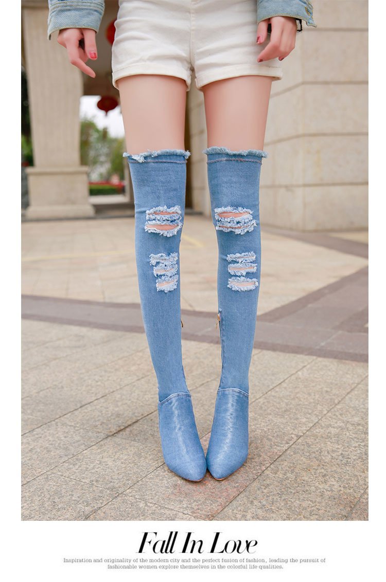 Bottes en Jean à bout pointu pour femmes, chaussures longues à talon haut en Denim bleu, , à lacets