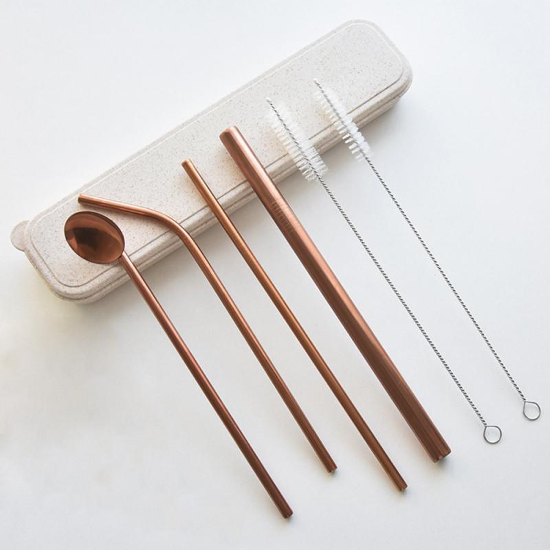 Milieuvriendelijke 4 Stks/set Rvs Metalen Rietje Herbruikbare Rietjes Cleaner Brush Kit Met Travel Case Reinigingsborstel: rose gold