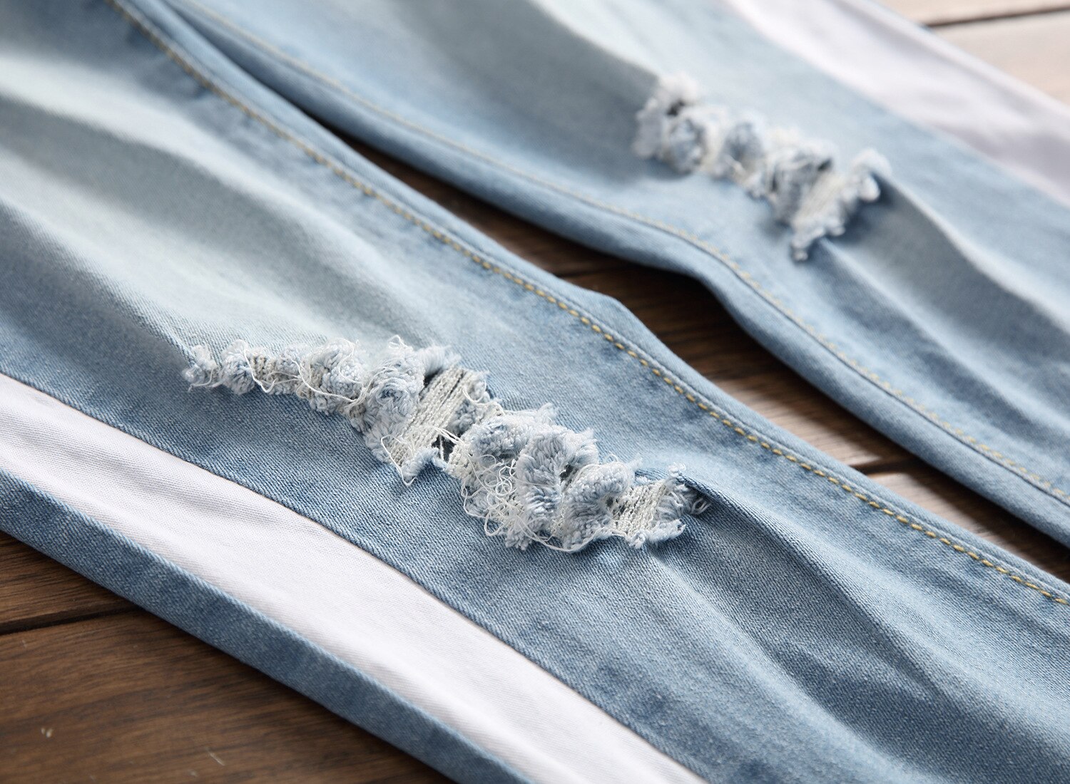 Aangekomen Mannen side witte streep biker jeans denim ripped knie gaten slim avondmaal skinny hip hop jeans mannen