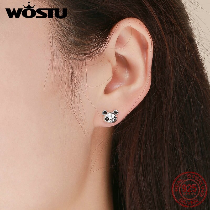 WOSTU Original Brand 100% 925 Sterling Silver Lovely Panda Stud Earrings For Women Jewelry DXE386