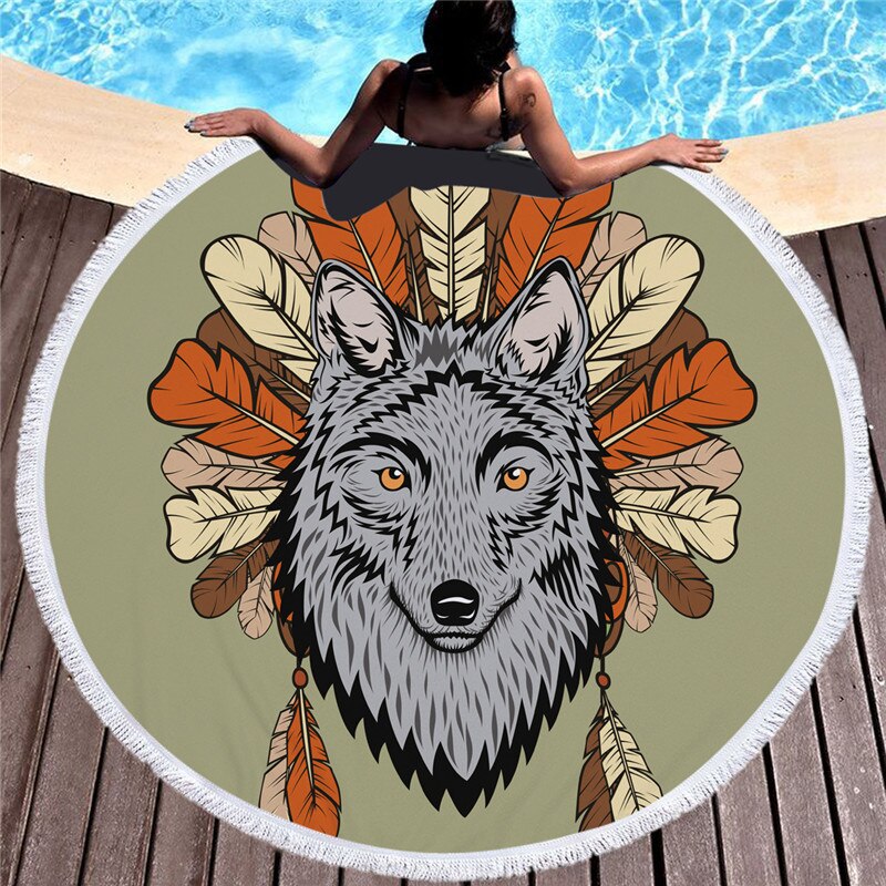 Mikrofiber strandhandduk med tofsar för vuxna barn yoga tofs vargfilt stor rund handduk tryckt gobeläng heminredning