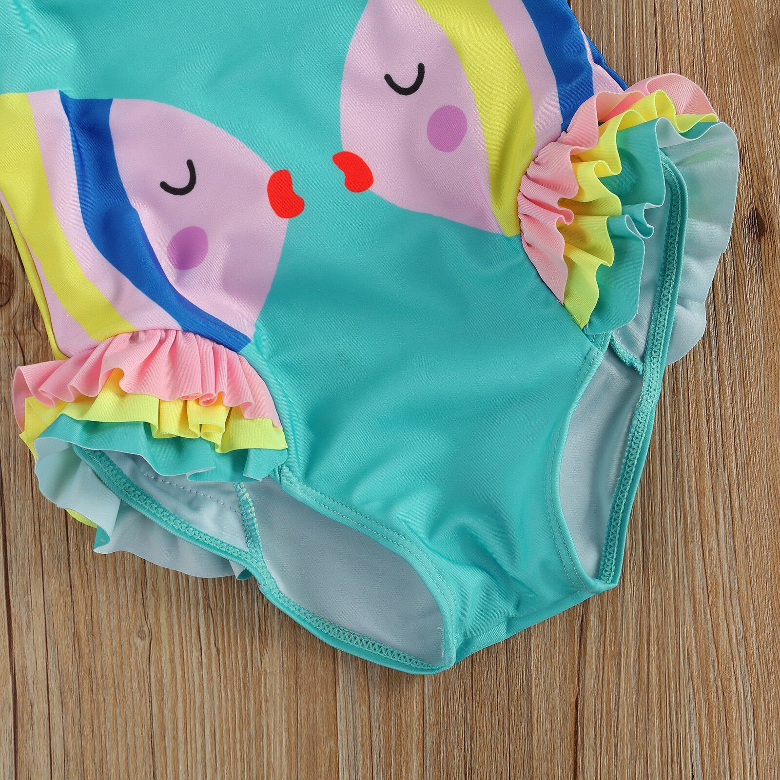 Kids Girls One-Piece Swimsuit, Cute Cartoon Print Cut Out Knot Back Ruffle Bathing Suit