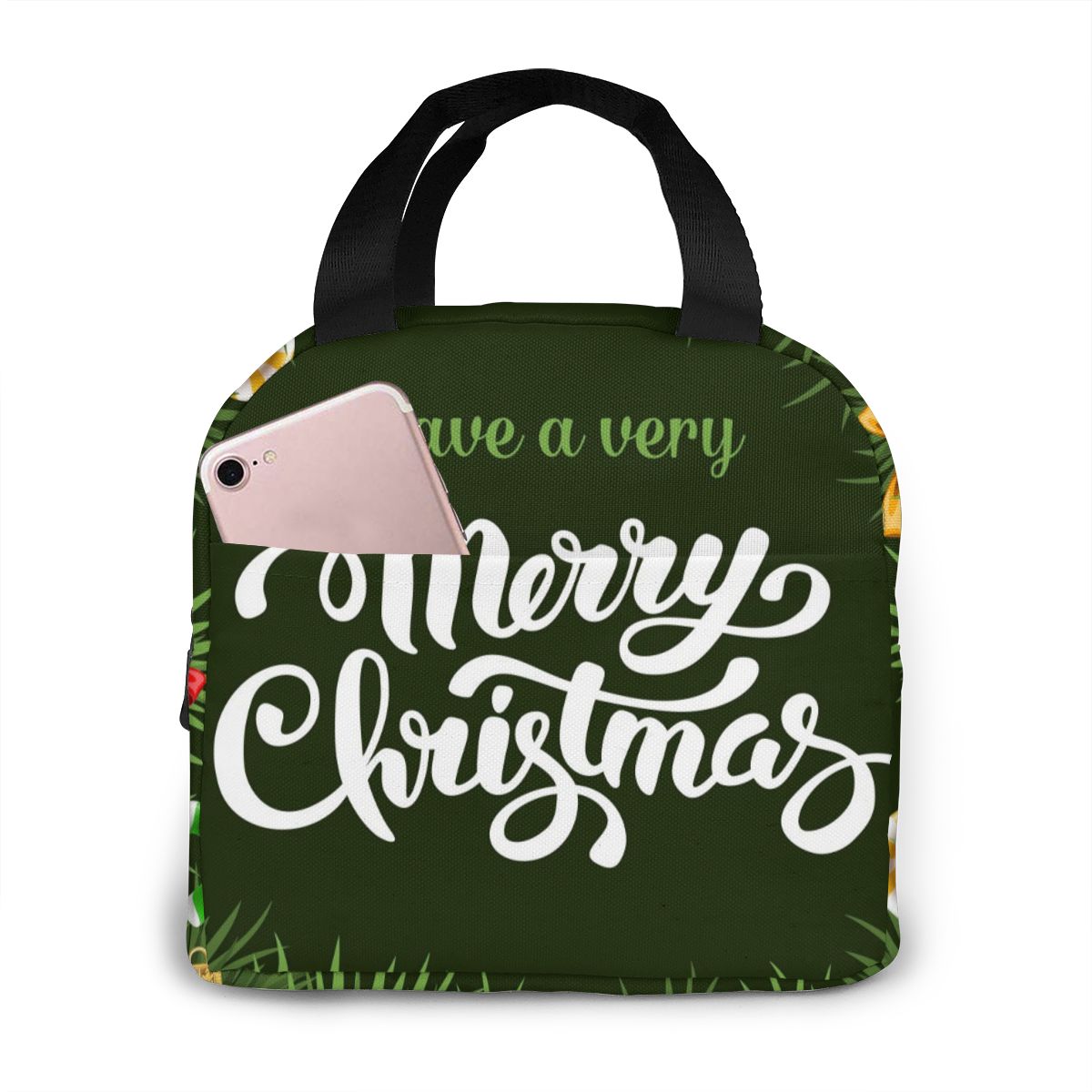 Merry Christmas Red Truck With Tree Lunch Bag Portable Insulated Thermal Cooler Bento Lunch Box Tote Picnic Storage Bag Pouch: Black 2