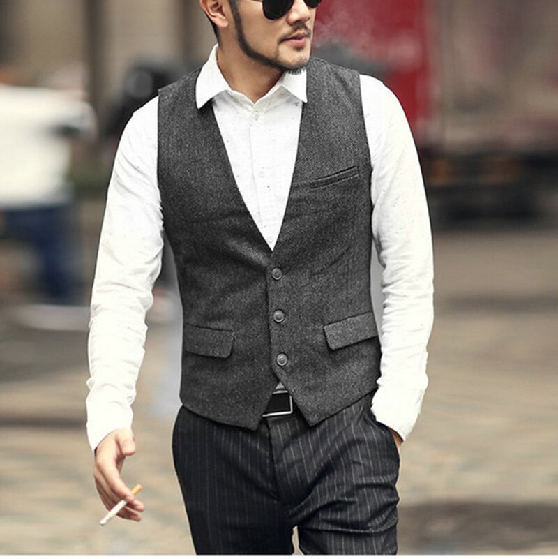 Chaleco de tela con de espiguilla para hombre, Chaleco Ajustado sin mangas con cuello de pico y 3 botones para novio