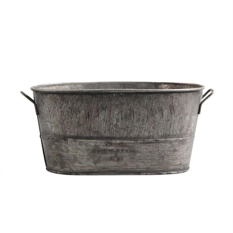 1x vintage oval cinza zinco galvanizado metal jardim flor plantador banheira pote balde
