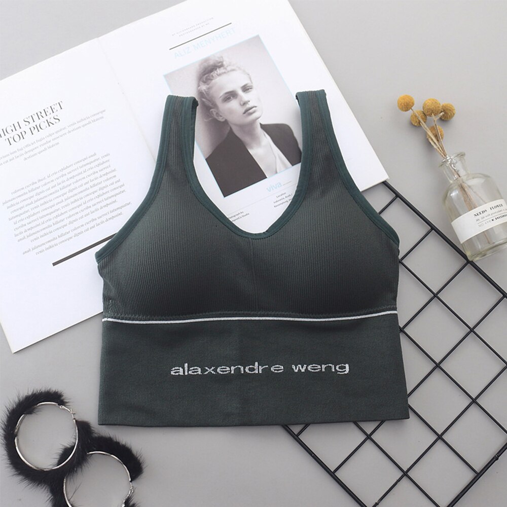 Summer Seamless Sports Bra Letter U-Shape Back Beauty Tank Tops Women Shockproof Athletic Wirefree Fitness Top: dark green