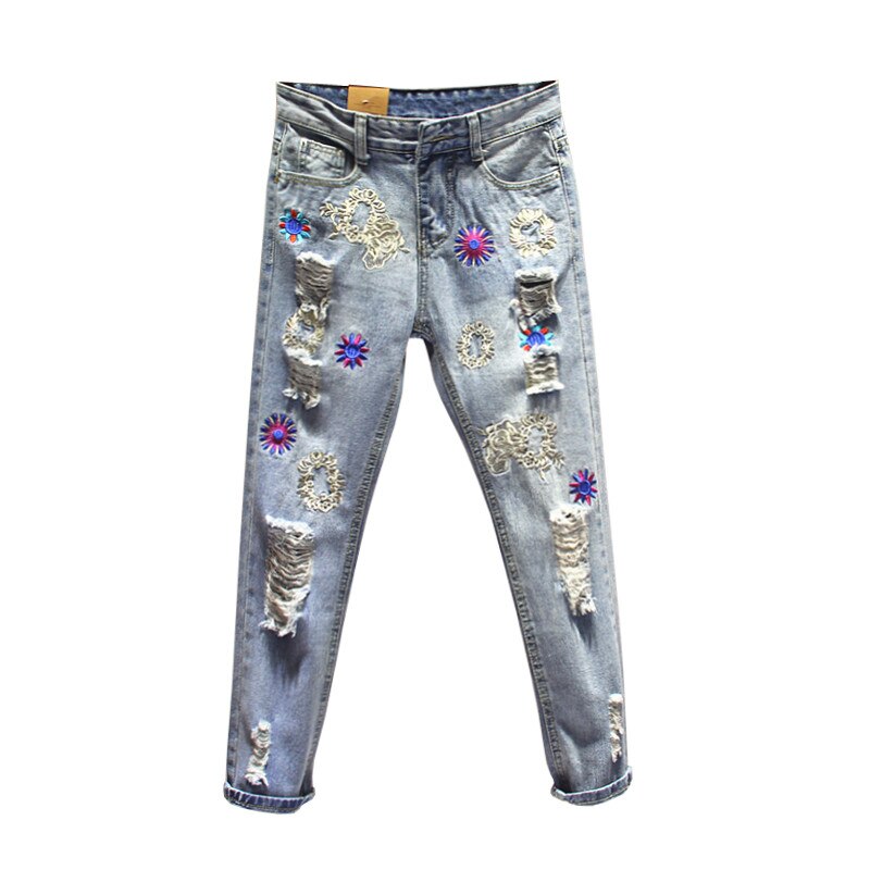 Pantalones vaqueros de las mujeres de primavera y otoño de trabajo pesado bordado flor pantalones de Mujer Vaqueros estilo coreano sueltos longitud del tobillo Harem Jeans pantalones Y86