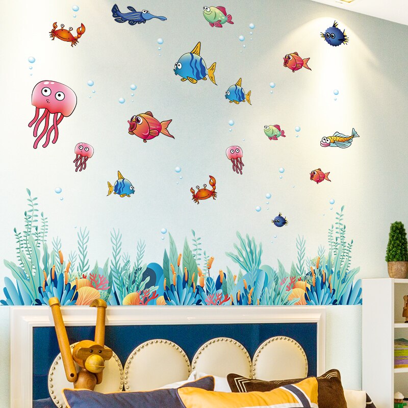 [Shijuekongjian] pegatinas de pared de peces de dibujos animados DIY, calcomanías de Mural de plantas de algas marinas para habitación de niños, dormitorio de bebé, decoración de casa de baño