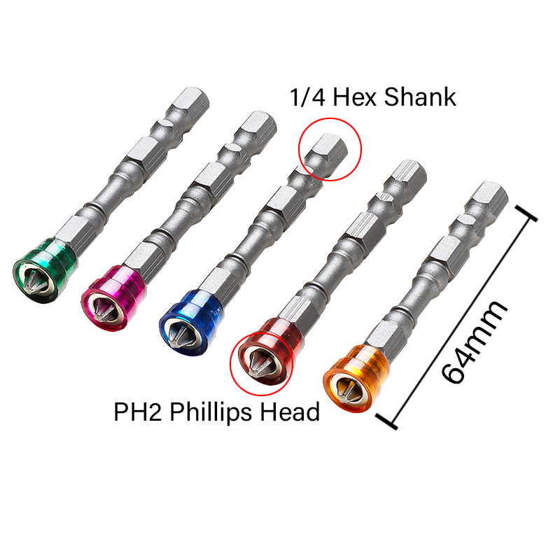 5Pcs S2 Alloy PH2 Phillips Single Head Magnetic Screwdriver Bits Anti-Slip 1/4 Inch Hex Shank Drywall Electric Screwdriver Tools