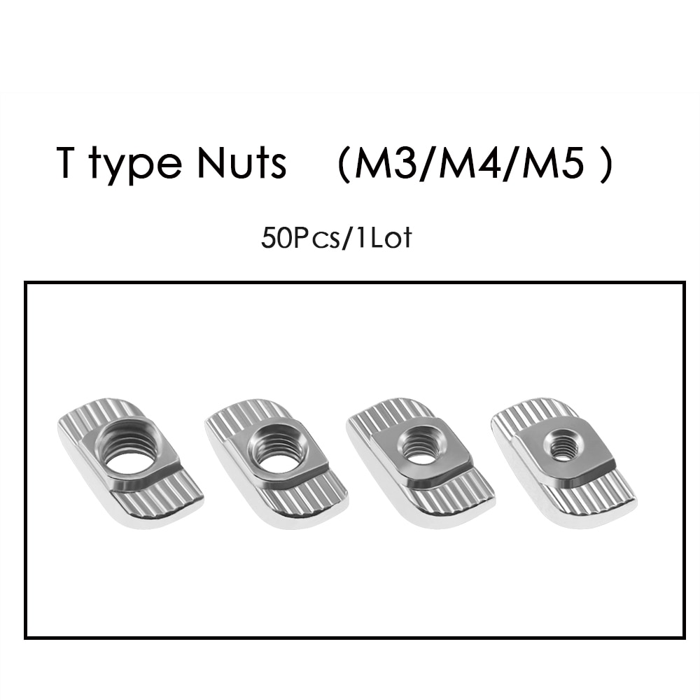 Piezas de impresora 3D Twotrees, Conector de aluminio de tuercas Tipo T de acero al carbono M3/M4/M5 para perfil Industrial , 50 unids/lote