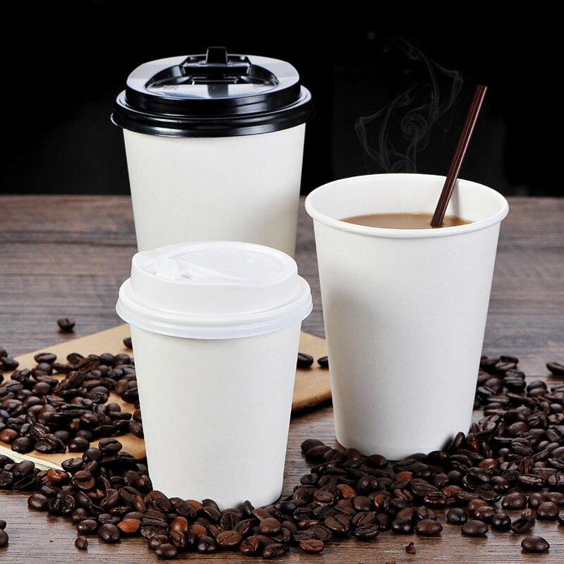 50pcs white disposable coffee cup 8oz 250ml small thickened paper cup drink takeaway packaging cup with lid