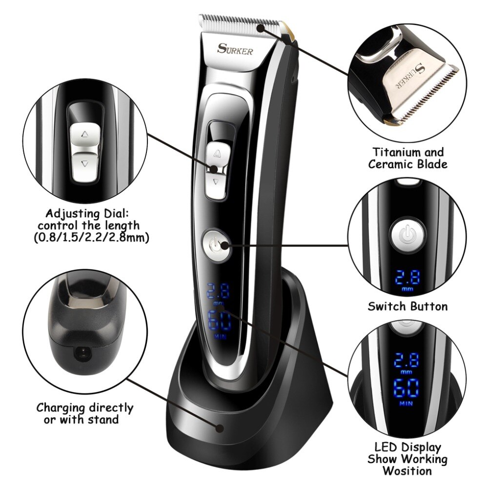 SURKER Professionele Oplaadbare Tondeuse Cordless Tondeuse Met LED Display Haircut Kit Keramische Blade Scheren RFC-688B