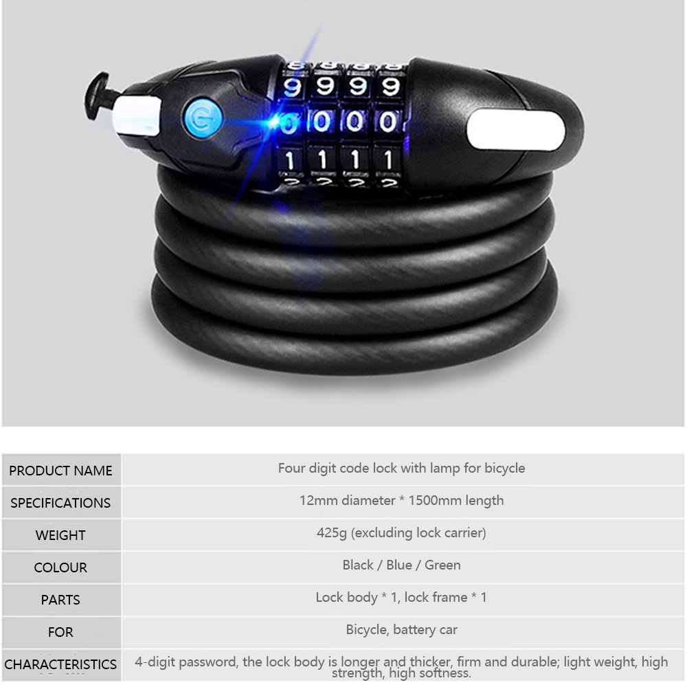 Anti-Theft Bike Lock 4 Digit Code Combination Stainless Steel Cable Spiral Bicycle Security Lock Riding Equipment MTB Bike Lock