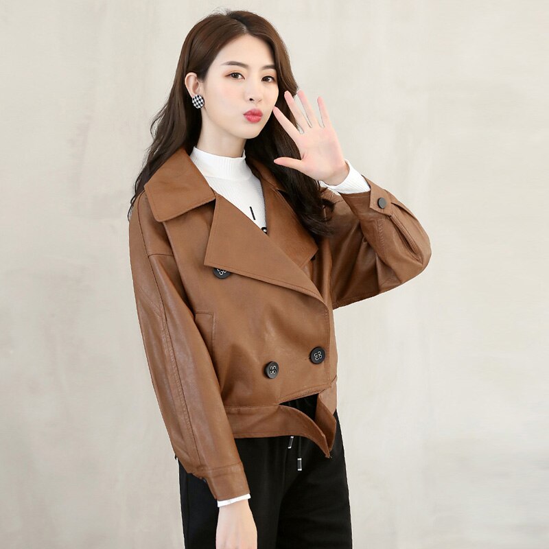 Blouson manches chauve-souris en similicuir femme, ample pour motard , grand revers court à la décontracté