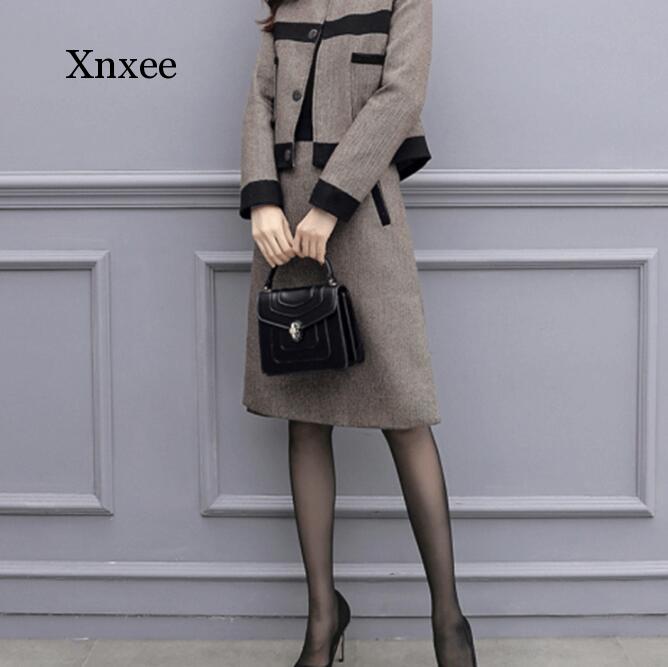 Trajes de lana Vintage para mujer, chándales elegantes de Corea de color marrón, chaqueta, abrigo, falda, conjunto de dos piezas para mujer