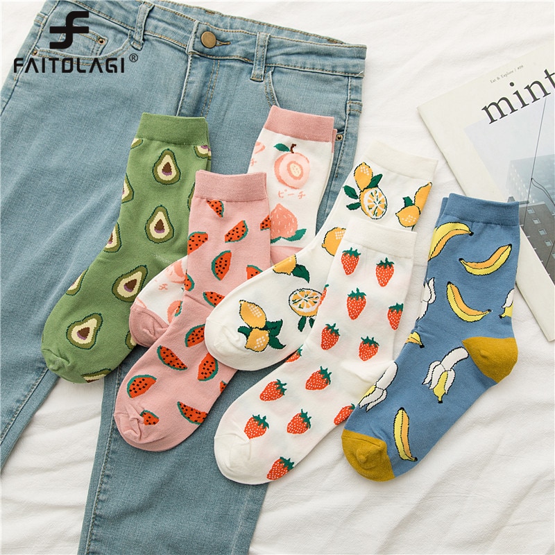 Dessin animé fruits coton chaussettes pastèque citron fraise banane avocat femmes chaussettes féminine Streetwear chaussettes été automne