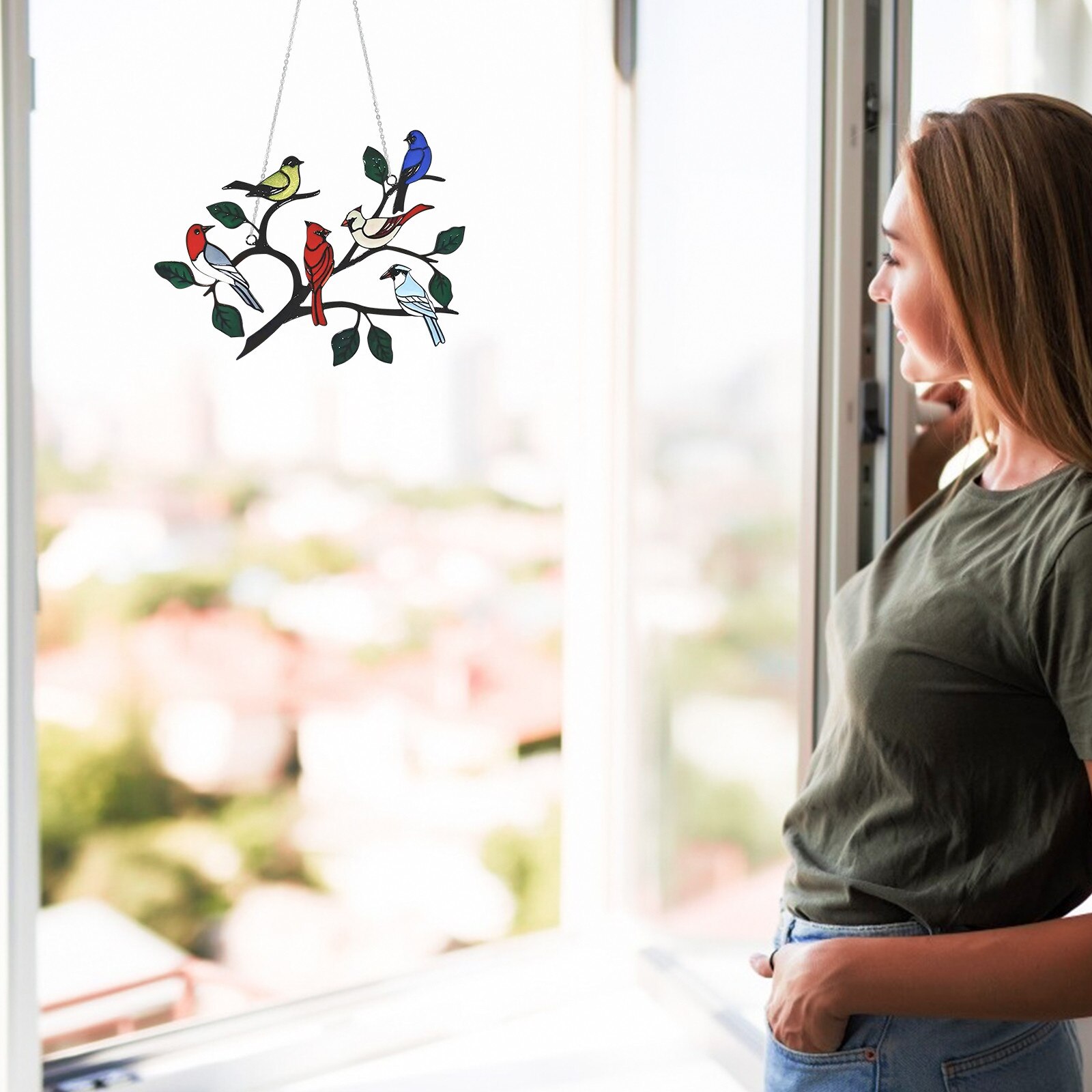 Birds On A Wire High Stained Glass Window Panel Bird Series Ornamen Outdoor Garden Chimes Wind Chime Garden Decoration