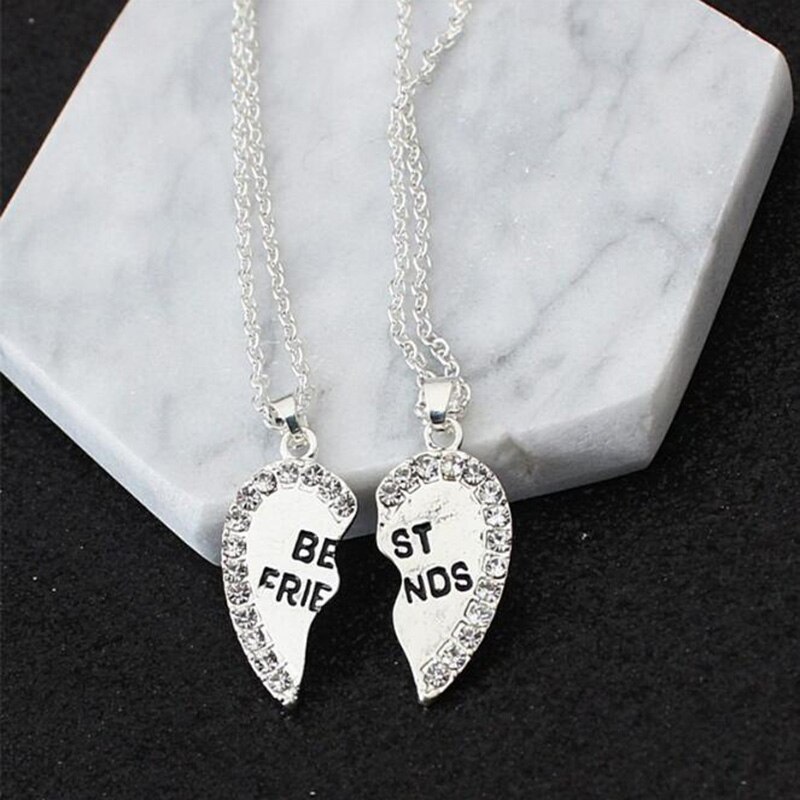 Unisex 2 Pcs BFF Necklace Women Crystal Heart Pendant Best Friend Letter Necklace Couple Necklace Men Friendship Jewelry