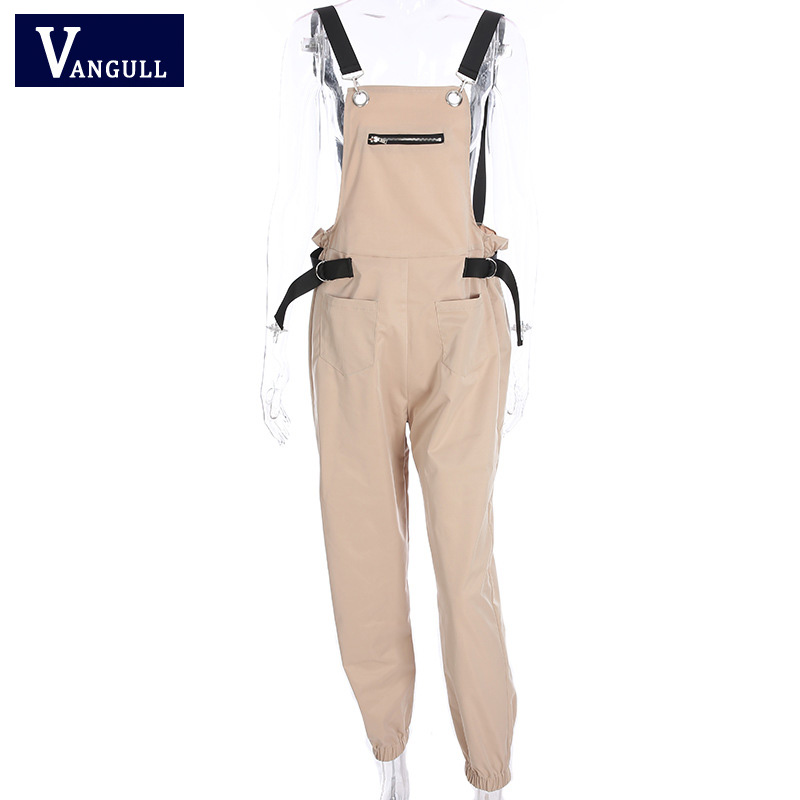 Vangull khaki bukser dame jumpsuit lange lynlåslommer ærmer justeret rem højtaljet bomuld sommer: Khaki / S