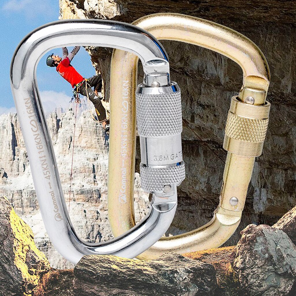 Auto Locking Rock Climbing Carabiner Clips, 45KN Heavy Duty for Rappelling Swing & Gym, D-Shaped
