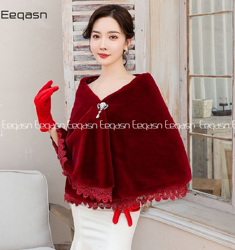 boléro mariage Wrap fausse fourrure étole Cape avec strass dentelle bord écharpe fourrure bordeaux hiver femmes manteau mariée châle