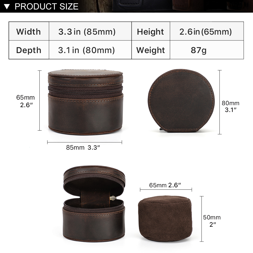 Leather Watch Travel Case Zipper Single Watch Case Storage Soft Cushioned Container for Wristwatch Organizer Box for Men