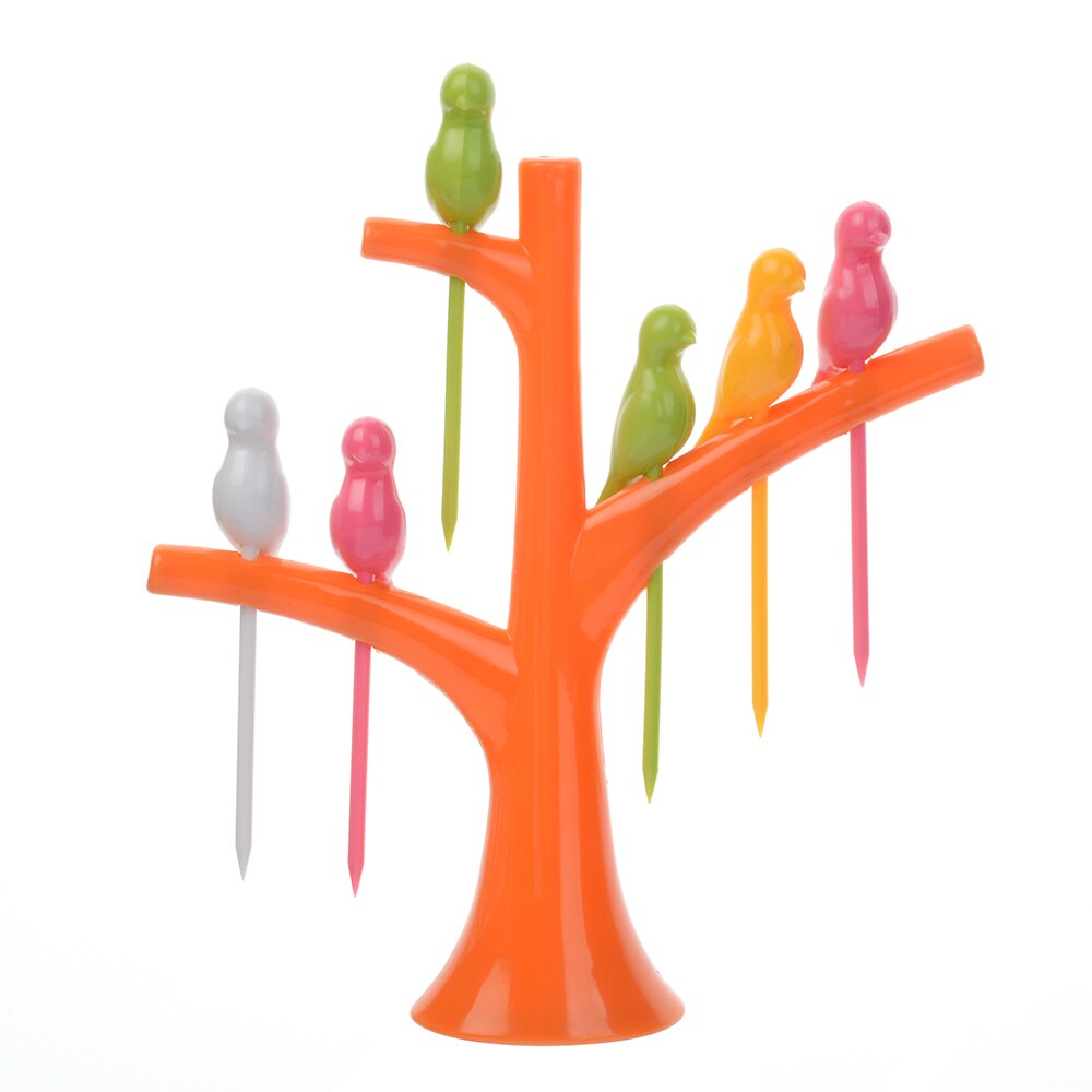 Fourchettes à fruits en plastique | Service de vaisselle, motif d'arbre + d'oiseaux créatifs, 1 support + 6 fourchettes, fourchette à légumes, outils pour fruits et légumes
