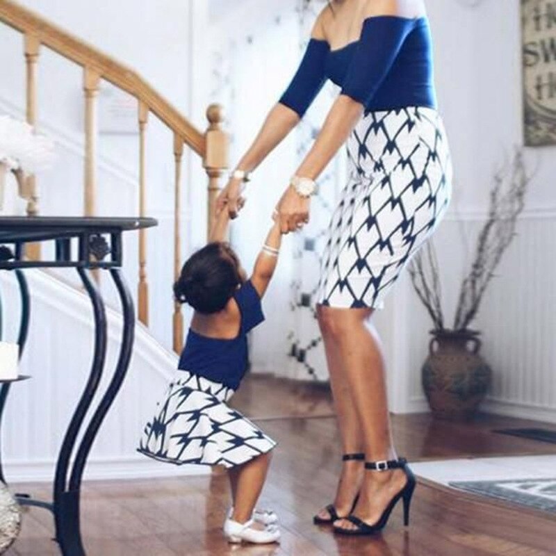 Short Sleeve Summer Family Look Matching Outfits Patchwork Plaid Mom And Daughter Dress Clothes Wedding Party Dresses Set: Blue / Kids 7T