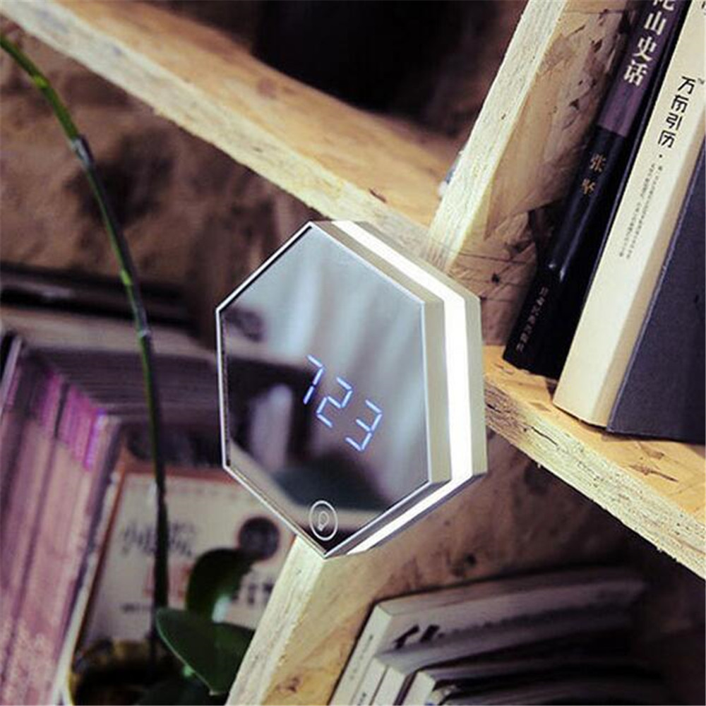 Multifunction LED Mirror wall clock watch clocks Digital Alarm Clock Night Light Mirrored Electronic Snooze Analog Table Clock: golden rose