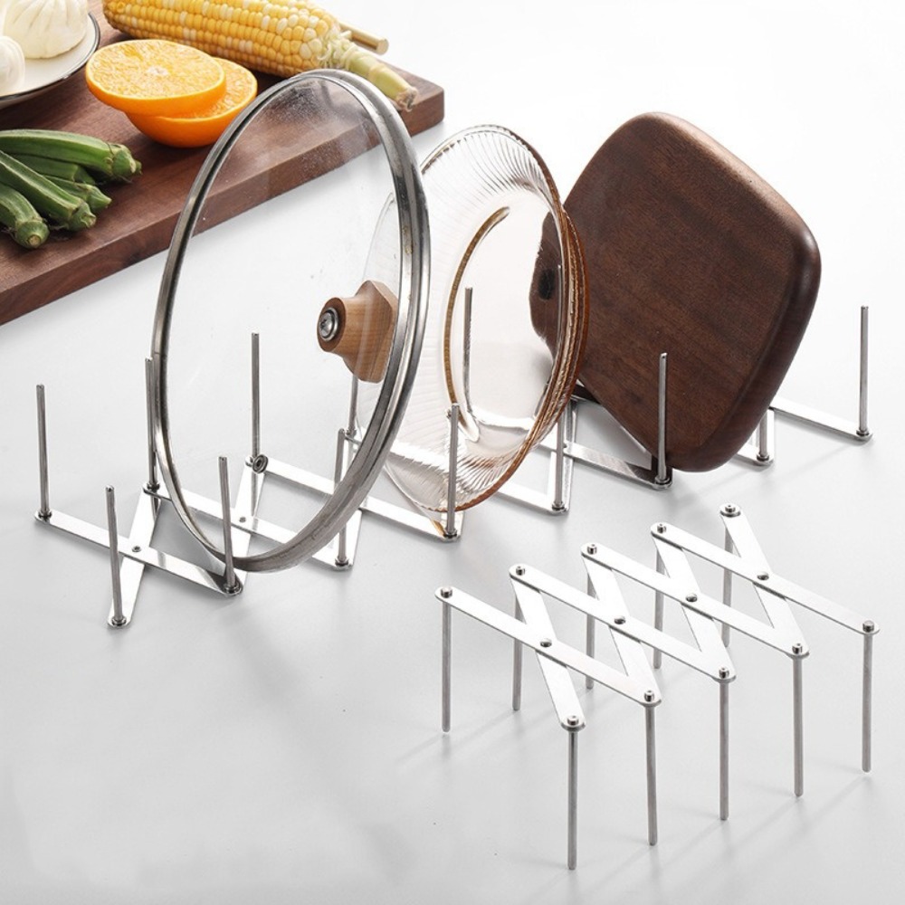 Pot Lid Rack Pan Lid Organizer Retractable Stainless Steel Dish Bowl Storage Holder Tableware Storage Shelf Kitchen Gadgets