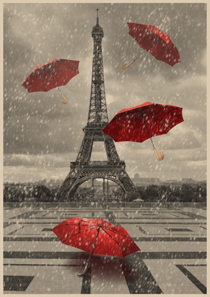 Eiffeltårnet med rød paraply på paris gade plakat kraftpapir vintage plakater væg klistermærke stue bar cafe indretning: 3 / 30 x 21cm 11 x 8 tommer
