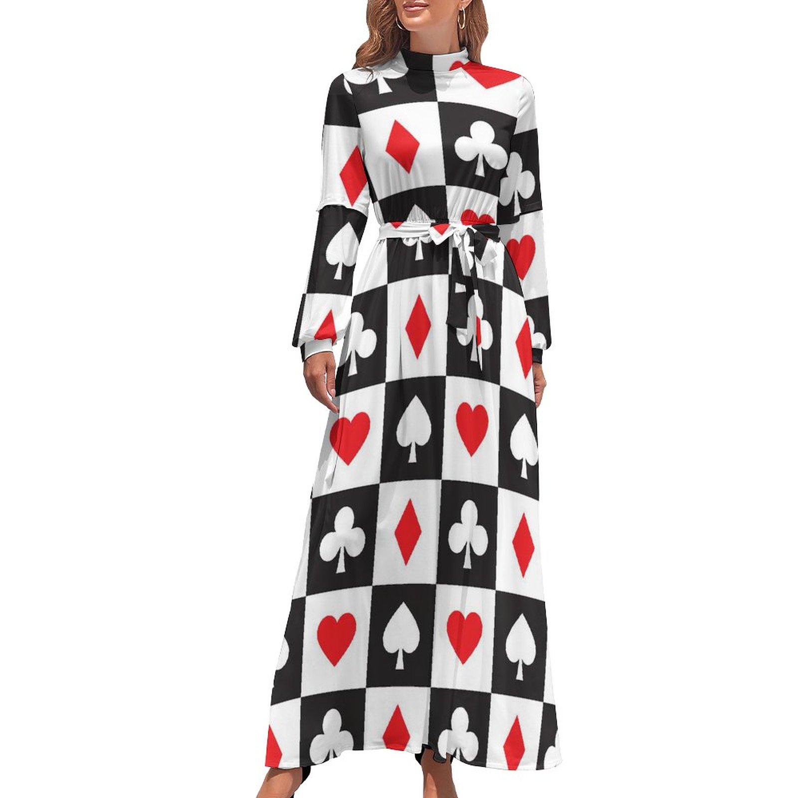Hart Speelkaarten Jurk Lange Mouw Poker Elegante Jurken Dames Patronen Uitgaan Eendelige Jurk: 3XS